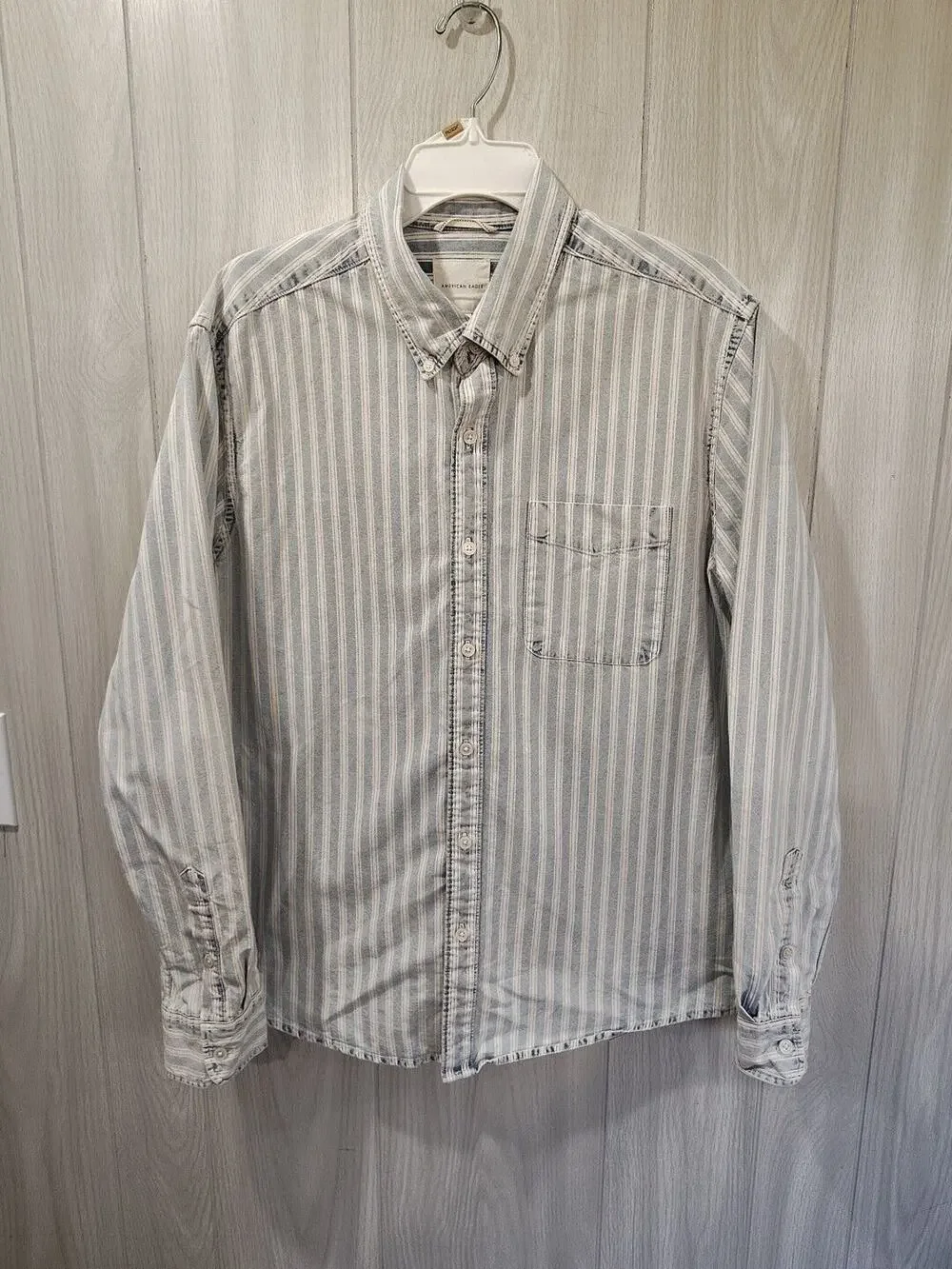 American Eagle Shirt Denim Blue White Stripes Long Sleeve Cotton Men's Size L